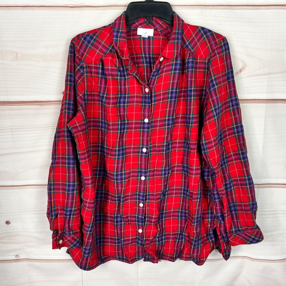 J Jill Top Womens Large Red Plaid‎ Shirt Flannel Button Up Long Sleeve Collared